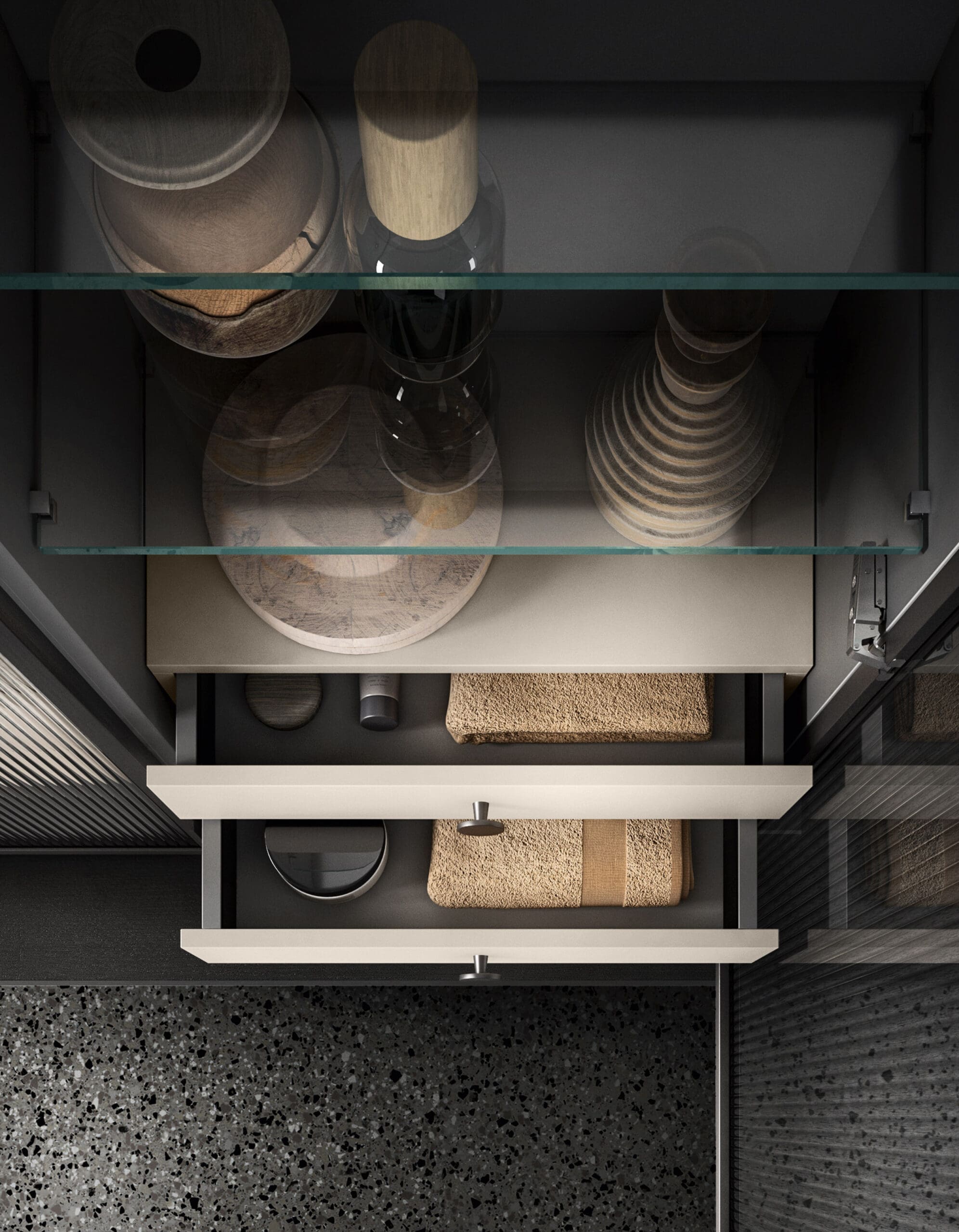 Luxury European bathroom vanity storage by Pedini Dallas with organized drawers and refined materials