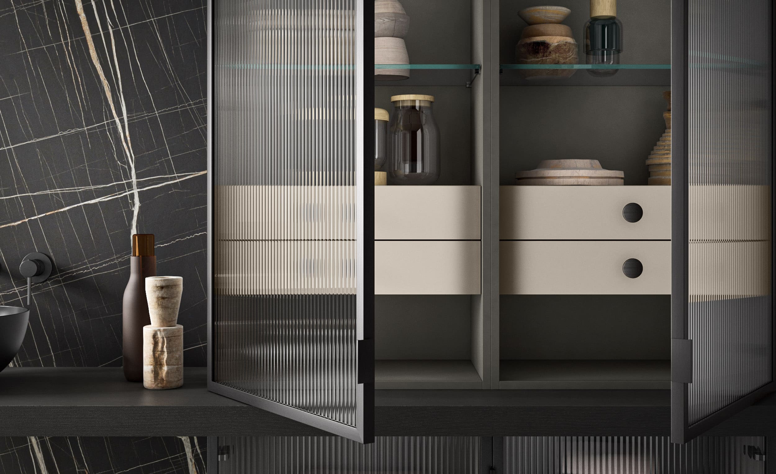 Custom European bathroom vanity cabinetry with glass accents and luxury Pedini Dallas finishes