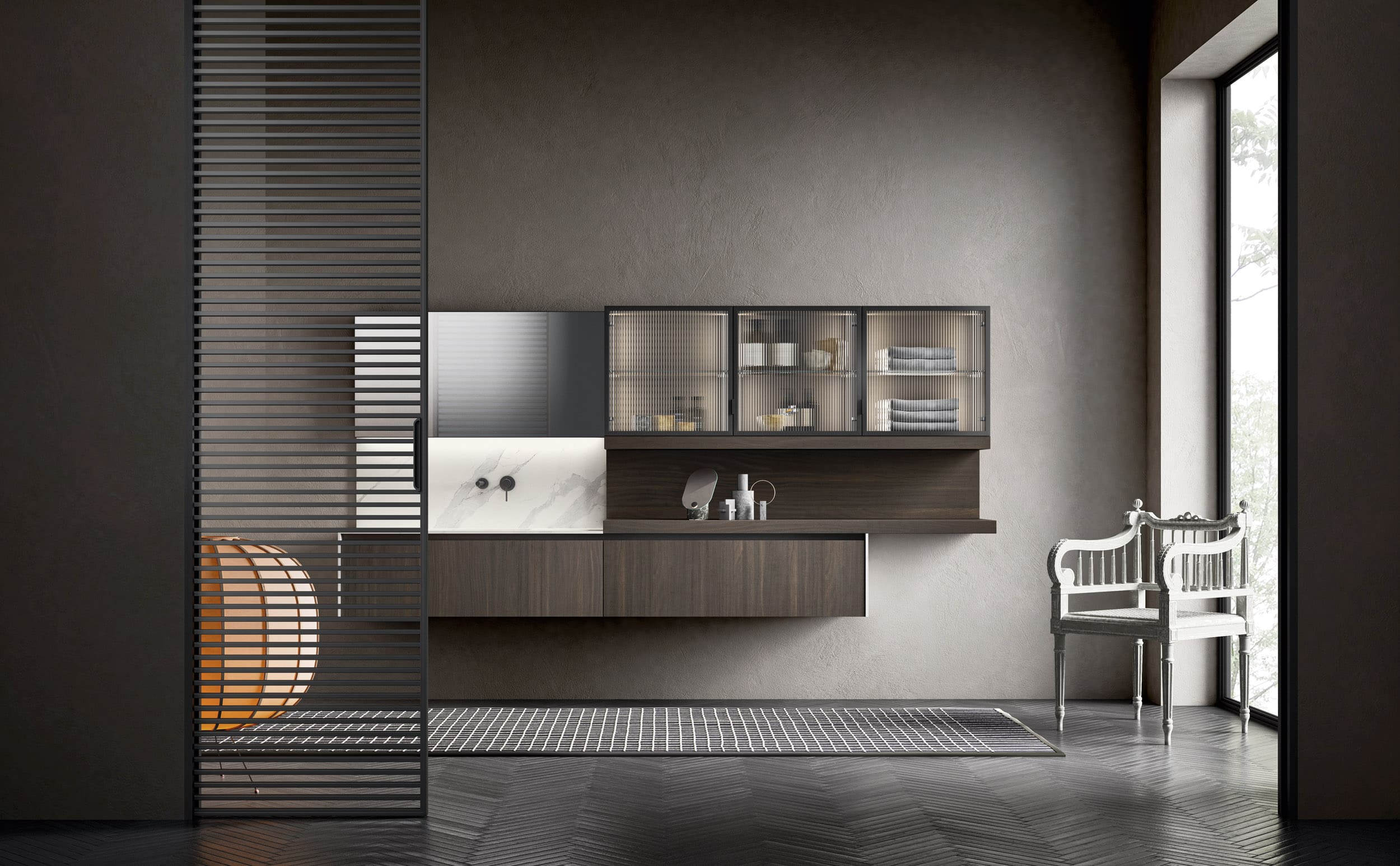 Modern luxury bathroom vanity by Pedini Dallas with refined Italian cabinetry and elegant storage