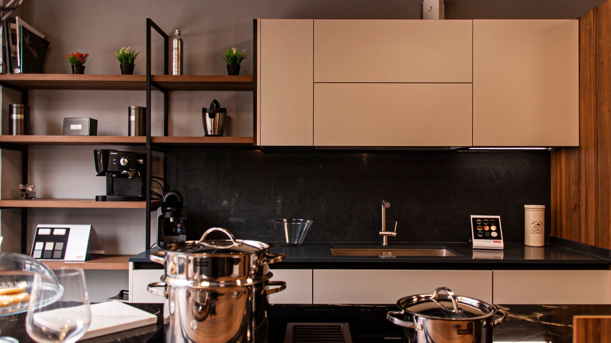 High-end Italian cabinet finishes in a modern Pedini Dallas kitchen with wood and matte textures