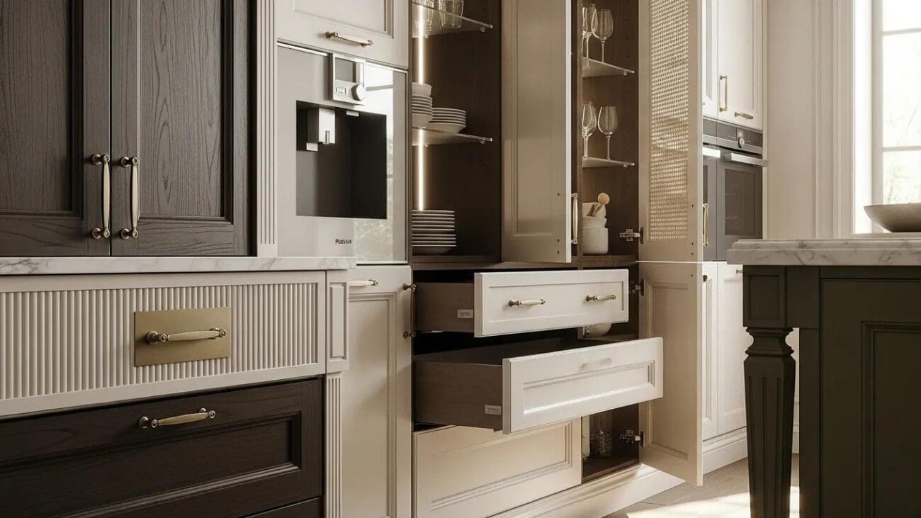 Custom Italian cabinetry showcasing various finishes and luxurious design elements