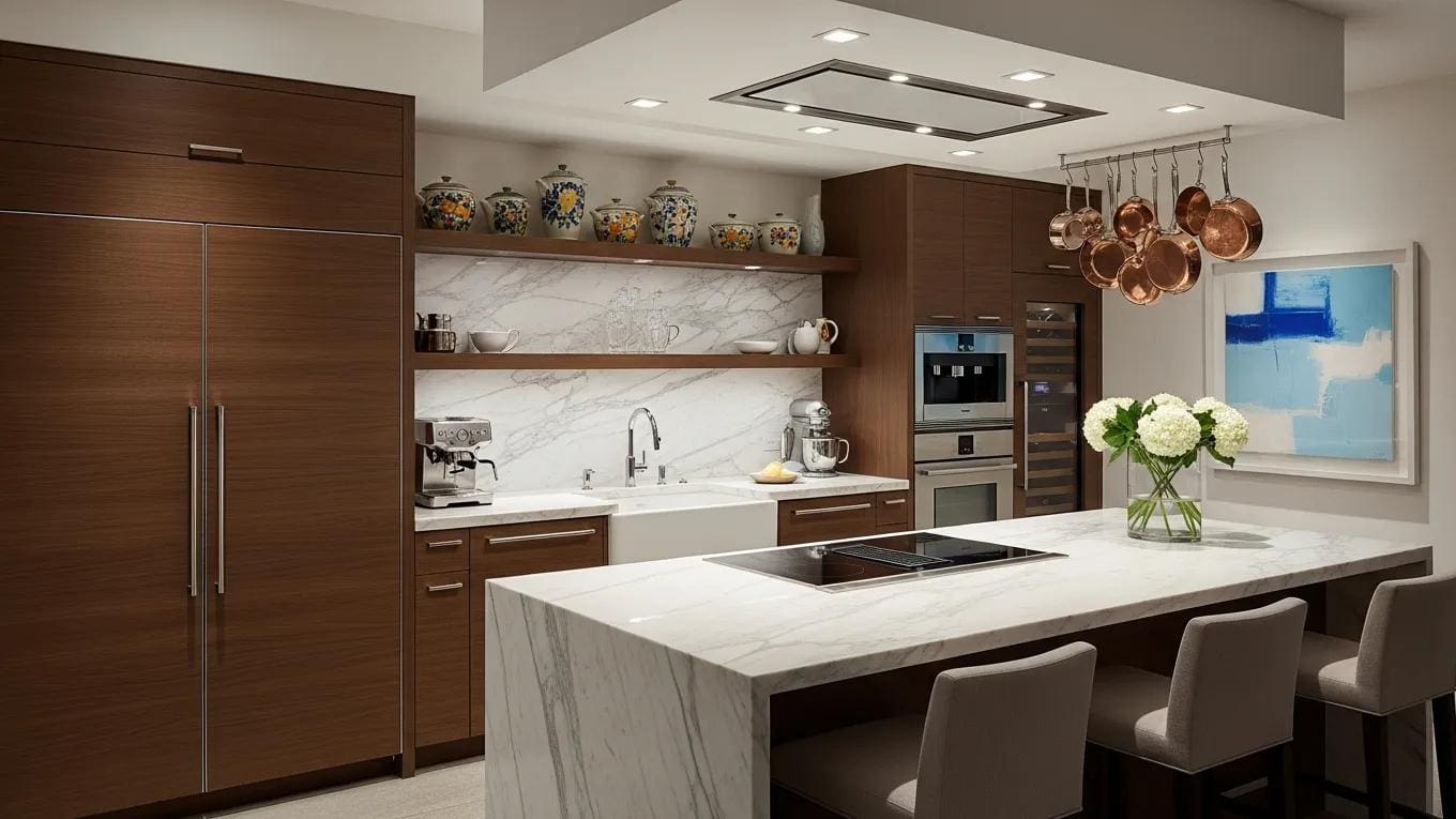 Luxury kitchen with custom Italian cabinetry, modern appliances, and elegant decor