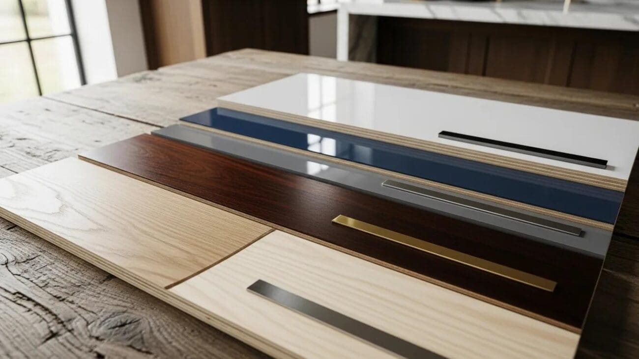 Samples of luxury kitchen materials including wood, MDF, and plywood for cabinetry
