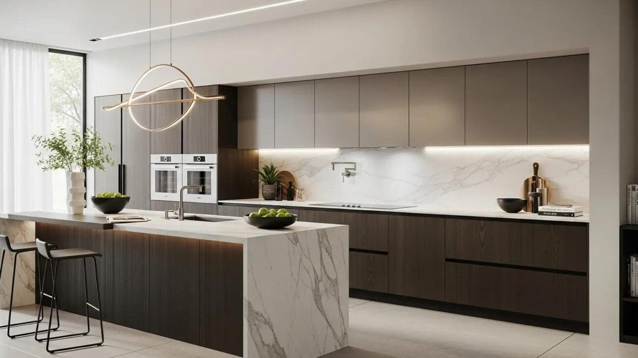 Stylish kitchen featuring custom cabinetry, elegant design, and sophisticated lighting